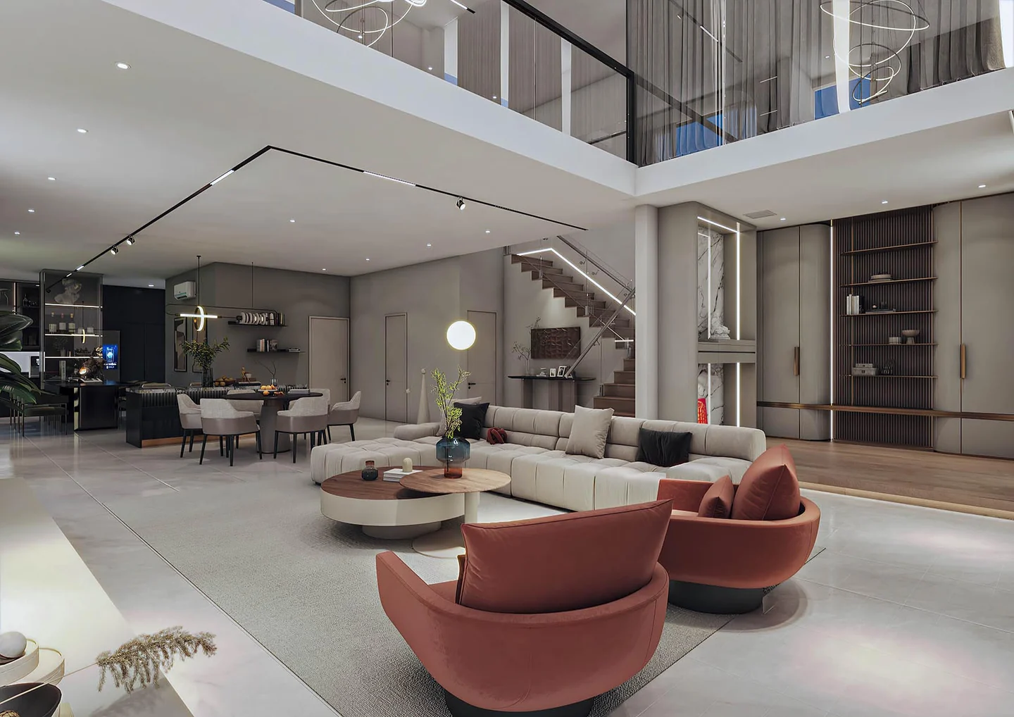Double-height living and dining space in Balens Design’s Sculpted Volume Residence project in Kinrara