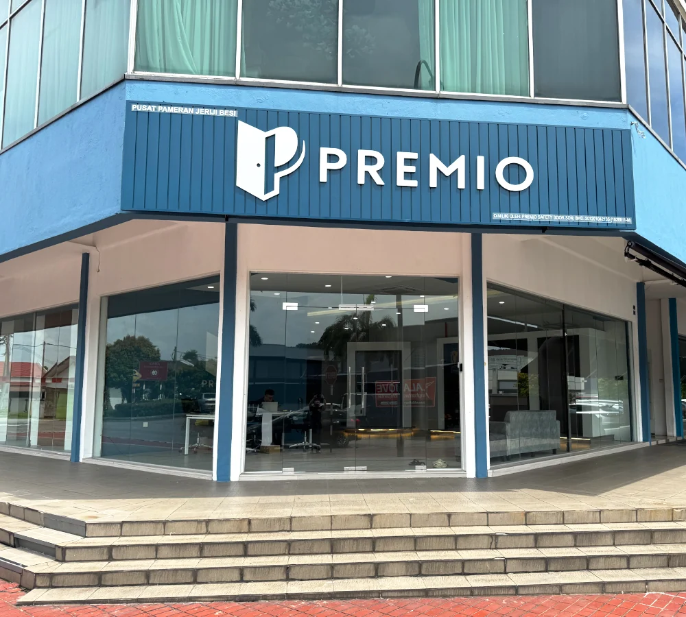 Premio’s blue showroom façade and glazed entrance at 25-G, Jalan TPK 2/8