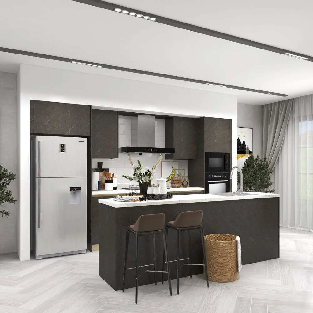 An island kitchen design from Signature, with dark cabinet fronts and a bright worktop